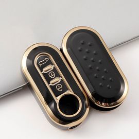 Étui À Clés Noir - Étui À Rabat Pour Clé De Voiture, 3 Boutons, Pliable, En Tpu, Bord Doré, Pour Fiat 500, Coque De Protection Pour Clé Télécommande, Accessoires