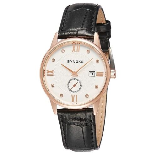Synoke Mode Hommes Métal Montre Étanche Bracelet En Cuir Réglable Accessoire (Argent + Noir)