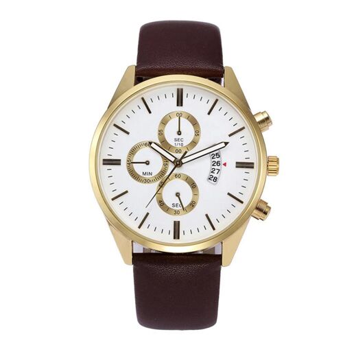 Classique Tendance Analogique Affichage Mouvement Quartz Pu Bracelet Hommes Montre-Bracelet (Or)