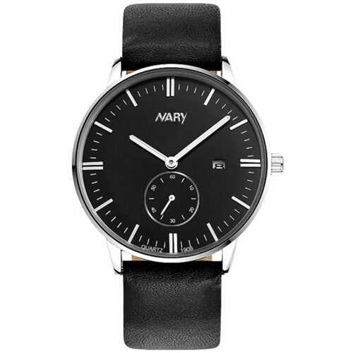Nary Quartz Imperméable À La Mode En Cuir Pu Cadran Rond Montre Mâle (Argent Noir)