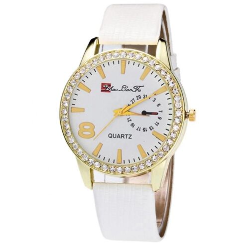 Zhoulianfa Lover Mode Luxe Strass Cadran Rond Pu Bracelet Quartz Analogique Montre (Blanc)
