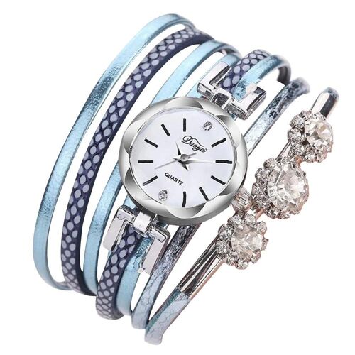 Duoya Femmes Fleur Strass Bracelet Montre-Bracelet Chaîne Robe Montre À Quartz (Bleu Ciel)