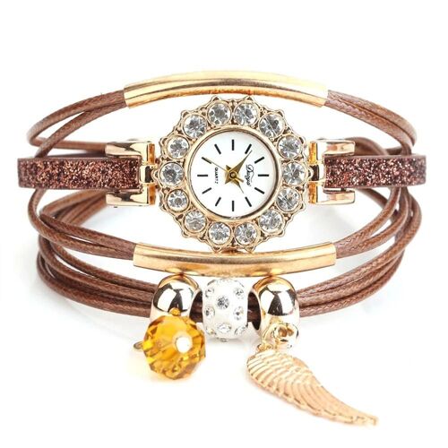 Duoya Femmes Perle Pendentif Décoration Bracelet Montre-Bracelet Chaîne Robe Montre À Quartz (Marron)