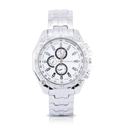 Hommes Élégants Mâle Analogique Montre À Quartz Bande D'alliage Boîtier En Métal Montre-Bracelet Rond Cadran Blanc