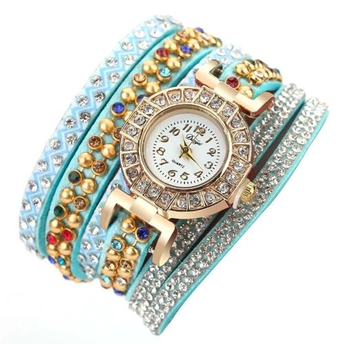 Duoya Femmes Éblouissant Strass Bracelet Montre-Bracelet Chaîne Robe Montre À Quartz (Bleu Ciel)