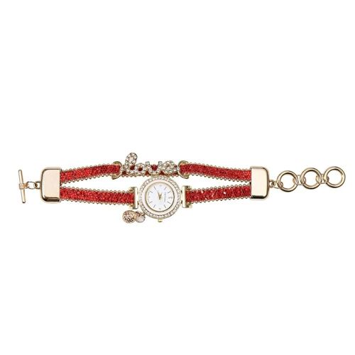 Femme Dame Alliage Strass Bracelet Quartz Analogique Ronde Montre Montre-Bracelet Rouge