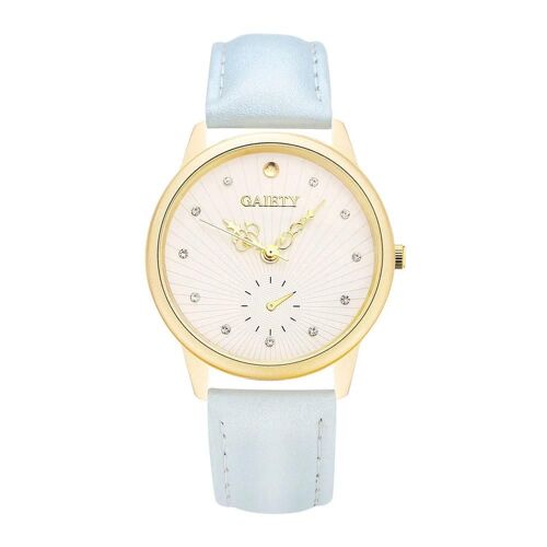 Gaiety Alliage Montre Pointeurs Creux Pu Bracelet Quartz Montre-Bracelet Strass Décoration (Bleu Ciel)
