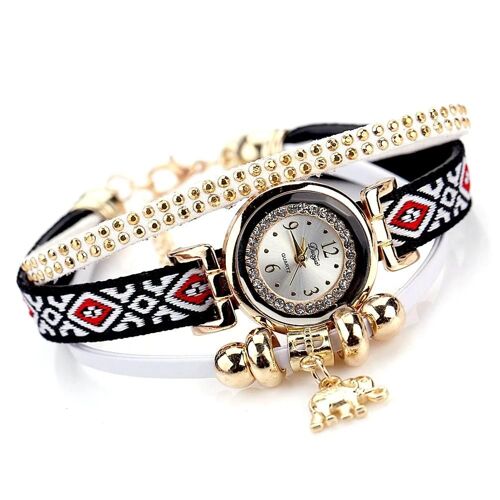 Duoya Femmes Éléphant Pendentif Décoration Cadran Rond Bijoux Bracelet Montre-Bracelet Montre (Blanc)