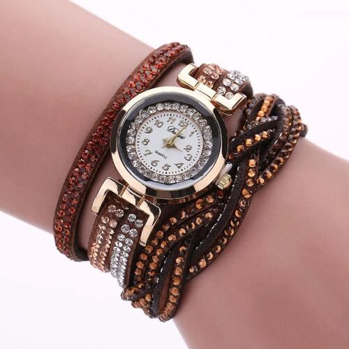 Duoya Femmes Multi Couche Strass Décoration Rond Bracelet Montre-Bracelet Montre (Marron)