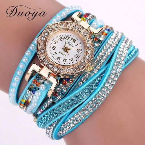 Duoya Luxueux Strass Pu Sangle Cadran Rond Bijoux Bracelet Montre-Bracelet Montre (Bleu Ciel)