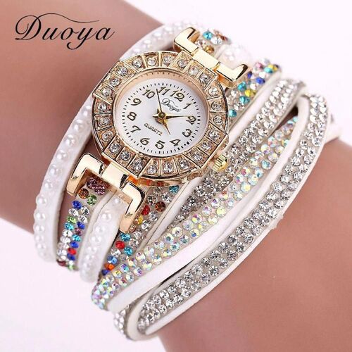 Duoya Femmes Brillant Strass Rond Cadran Bijoux Bracelet Montre-Bracelet Montre (Blanc)