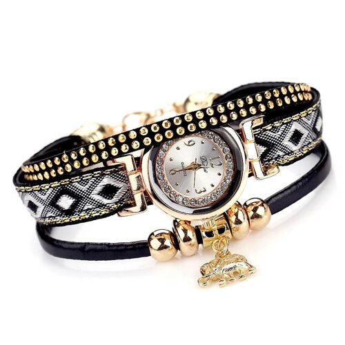 Duoya Femmes Éléphant Pendentif Décoration Cadran Rond Bijoux Bracelet Montre-Bracelet Montre (Noir)