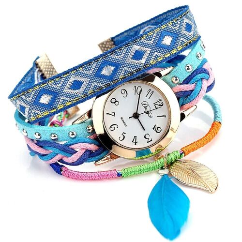 Duoya Femmes Style Ethnique Plume Artificielle Décoration Montre Bracelet Ronde (Bleu Ciel)