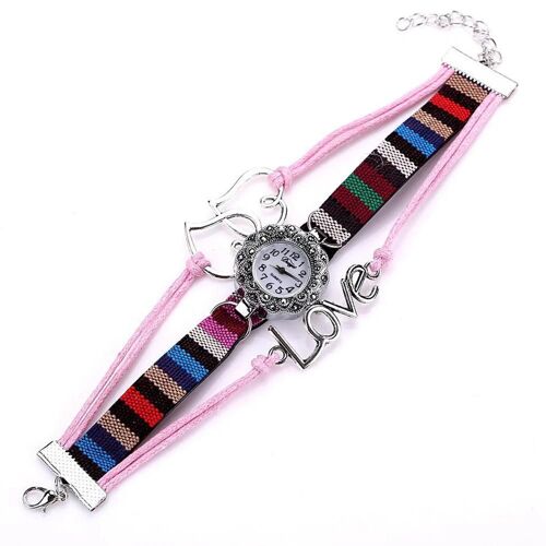 Duoya Femmes Style Ethnique Lettre Décoration Cadran Rond Bracelet Montre-Bracelet Montre (Rose)