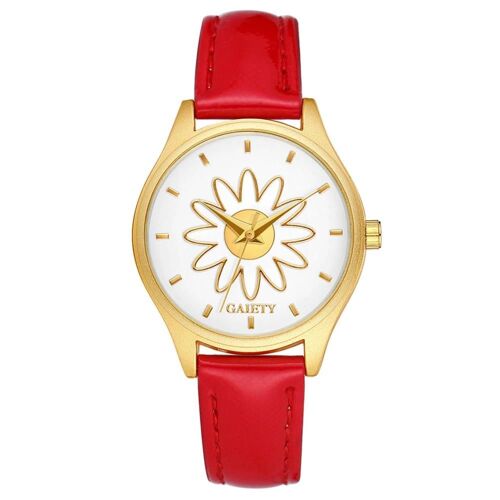 Gaiety Femmes Dame Belle Fleur Cadran Rond Pu Bracelet Montre À Quartz Montre-Bracelet Analogique (Rouge)
