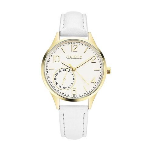 Gaiety Femmes Élégant Cadran Rond Motif Analogique Pu Strap Montre-Bracelet Montre À Quartz (Blanc)