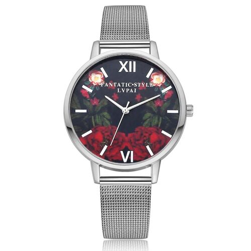 Lvpai Femmes Femelle Quartz Mouvement Montre Analogique Fleurs Cadran Rond Montre-Bracelet Argent