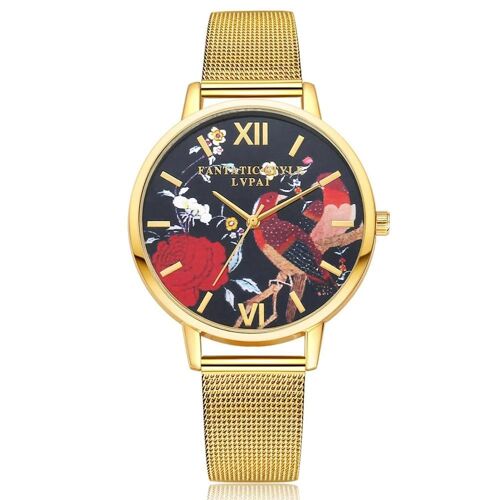 Lvpai Femmes Femelle Quartz Mouvement Montre Analogique Fleurs Oiseaux Cadran Rond Montre-Bracelet Or