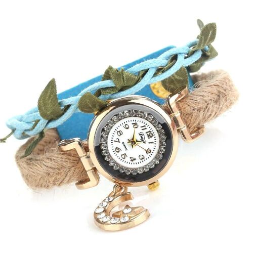 Duoya Femmes Ethniques Strass Kintted Bracelet Bracelet Lune Étoile Pendentif Montre À Quartz (Bleu Ciel)