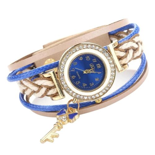 Duoya Ethnique Femmes Bracelet Sangle Strass Clé Pendentif Montre À Quartz (Bleu Royal)