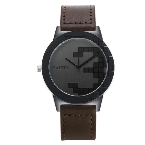 Gaiety Fashionable Men Watch Simple Pu Strap Géométrique Motif Quartz Montre-Bracelet (Brun Foncé)
