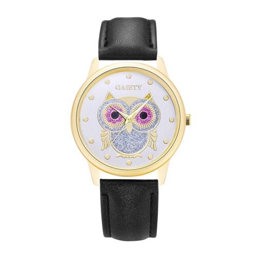 Gaiety À La Mode Femmes Dame Montre Pu Sangle Mignon Hibou Cadran Montre-Bracelet À Quartz (Noir)