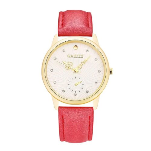 Gaiety Alliage Montre Pointeurs Creux Pu Bracelet Quartz Montre-Bracelet Strass Décoration (Rouge)