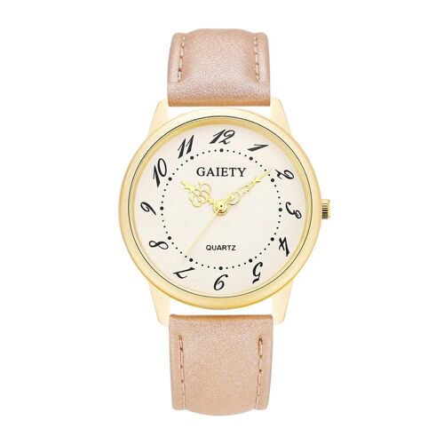 Gaiety Simple Alliage Montre Pu Bracelet Pointeurs Creux Quartz Montre-Bracelet Pour Femmes Dame (Abricot)