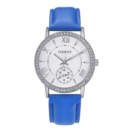 Gaiety Pu Strap Femmes Montre Strass Rond Boîtier Analogique Quartz Montre-Bracelet Bleu