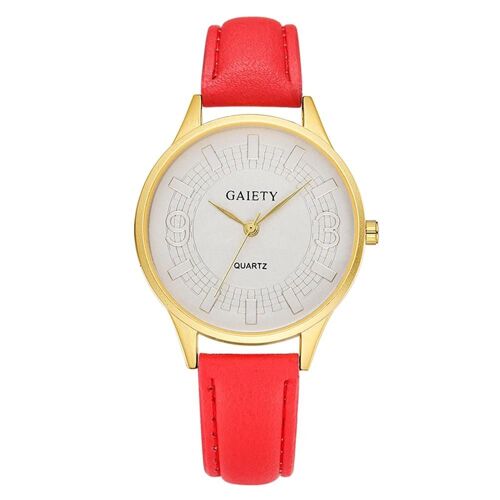 Gaiety Femmes Dame Motif Géométrique Cadran Pu Sangle Quartz Montre Analogique Montre-Bracelet (Rouge)