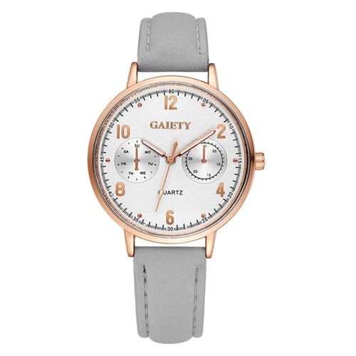 Gaiety Pu Strap Montre Deux Petits Cadrans Rond Analogique Quartz Montre-Bracelet Gris