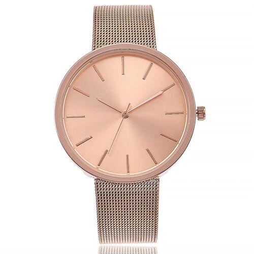 Montre À Bracelet En Maille D'alliage À La Mode Cadran Rond Montre-Bracelet À Quartz À Affichage Analogique (Or Rose)