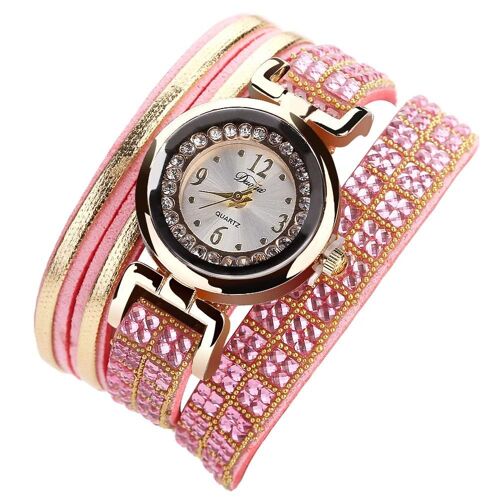 Duoya Femmes Frais Simple Strass Bracelet Montre-Bracelet Chaîne Robe Montre À Quartz (Rose)