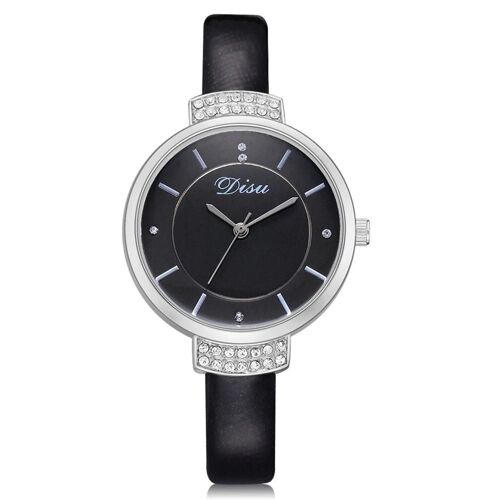 Disu Alliage Boîtier Pu Bracelet Quartz Mouvement Analogique Cadran Rond Montre-Bracelet (Noir)