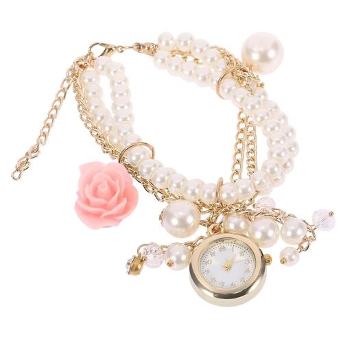 Femmes Femelle Imitation Perle Chaîne Bracelet Montre Analogique Quartz Montre-Bracelet Rose Rose