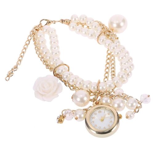 Femmes Femmes Femelle Imitation Perle Chaîne Bracelet Montre Analogique Quartz Montre-Bracelet Blanc Rose