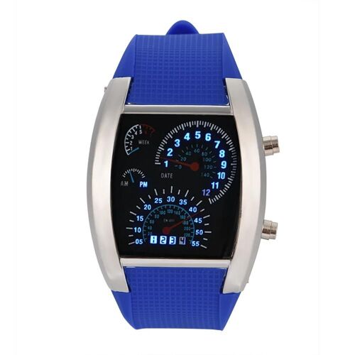 Montre-Bracelet À Cadran De Course Simulé Rectangle De Montre À Quartz Led (Boîtier Argenté,Bracelet Bleu)