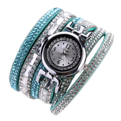 Duoya Femmes Plusieurs Couches Strass Bracelet Montre-Bracelet Analogique Quartz Montre (Bleu Ciel)