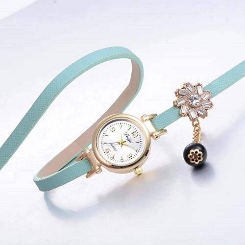 Duoya Femmes Rétro Noir Imitation Perle Pendentif Fleur Strass Bracelet Montre (Bleu Ciel)