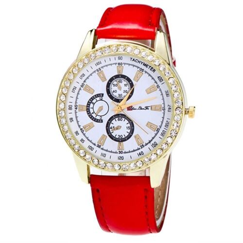 Zhoulianfa Trendy Affaires Hommes Femmes Strass Cristal Grain Bracelet Quartz Montre(Rouge)