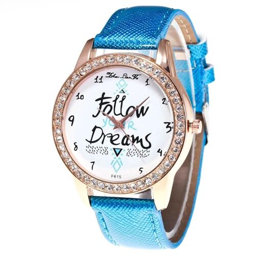 Zhoulianfa Strass Décoration Cadran Pu Cuir Cristal Grain Bracelet Casual Watch (Bleu)