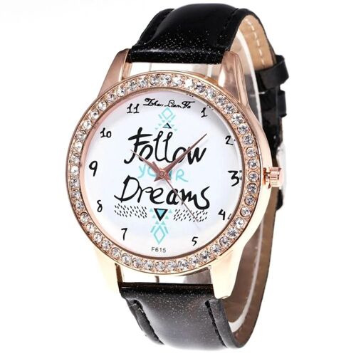 Zhoulianfa Strass Décoration Cadran Pu Cuir Cristal Grain Strap Casual Watch (Noir)