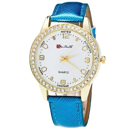 Zhoulianfa Trendy Affaires Hommes Femmes Strass Cristal Grain Bracelet Quartz Montre-Bracelet (Bleu)