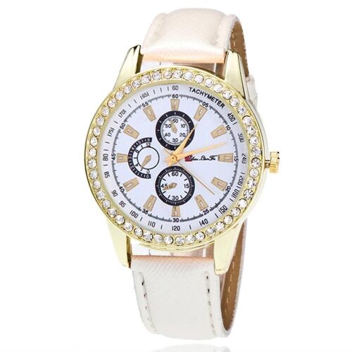 Zhoulianfa Trendy Affaires Hommes Femmes Strass Cristal Grain Bracelet Quartz Montre-Bracelet (Blanc)