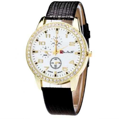 Zhoulianfa Luxe Strass Cadran Rond Réglable Pu Strap Montre Analogique À Quartz (Noir)