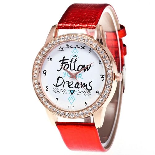 Zhoulianfa Strass Décoration Cadran Pu Bracelet En Cuir Montre Décontractée Pour Femme (Rouge)