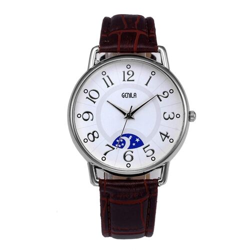 Montre À Quartz À Bande Réglable Unisexe Simple À La Mode (Base Blanche + Bande Brune)