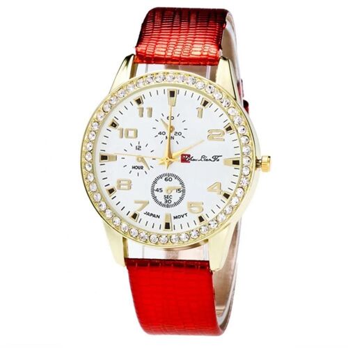 Zhoulianfa Luxe Strass Cadran Rond Réglable Pu Bracelet Montre Analogique À Quartz (Rouge)