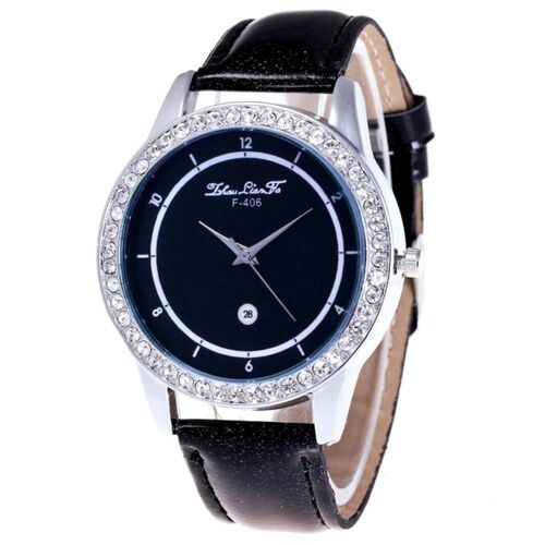Zhoulianfa Strass Décoration Cristal Grain Pu Bracelet Cuir Montre Pour Femme (Noir)