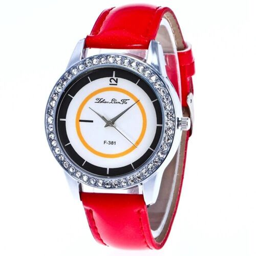 Zhoulianfa À La Mode Strass Décoration Quartz Montre Montre-Bracelet Bracelet En Cuir Rouge
